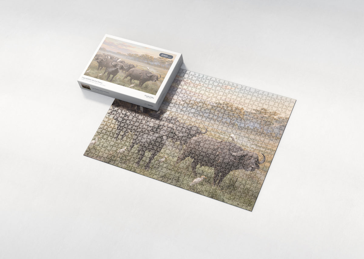 Cape Buffalo Herd at Dawn jigsaw puzzle - box and puzzle