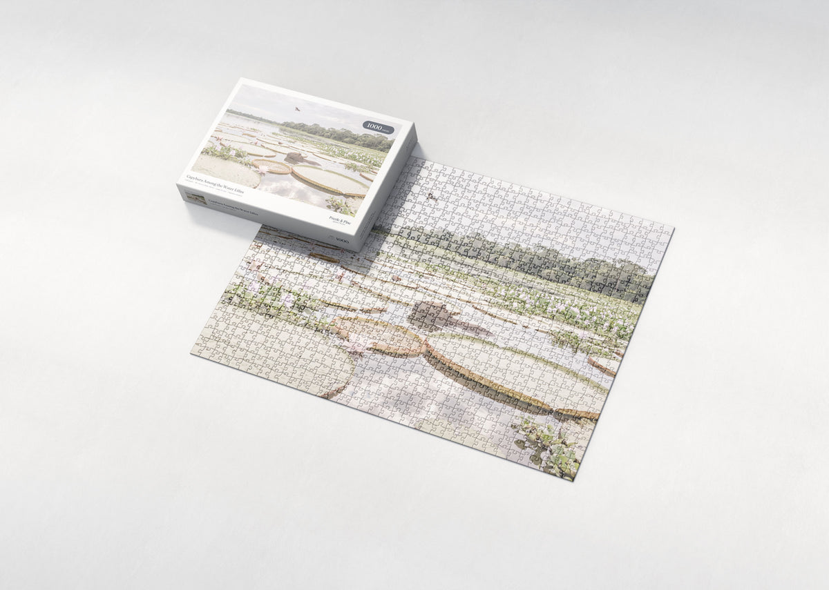 Capybara Among the Water Lilies jigsaw puzzle - box and puzzle