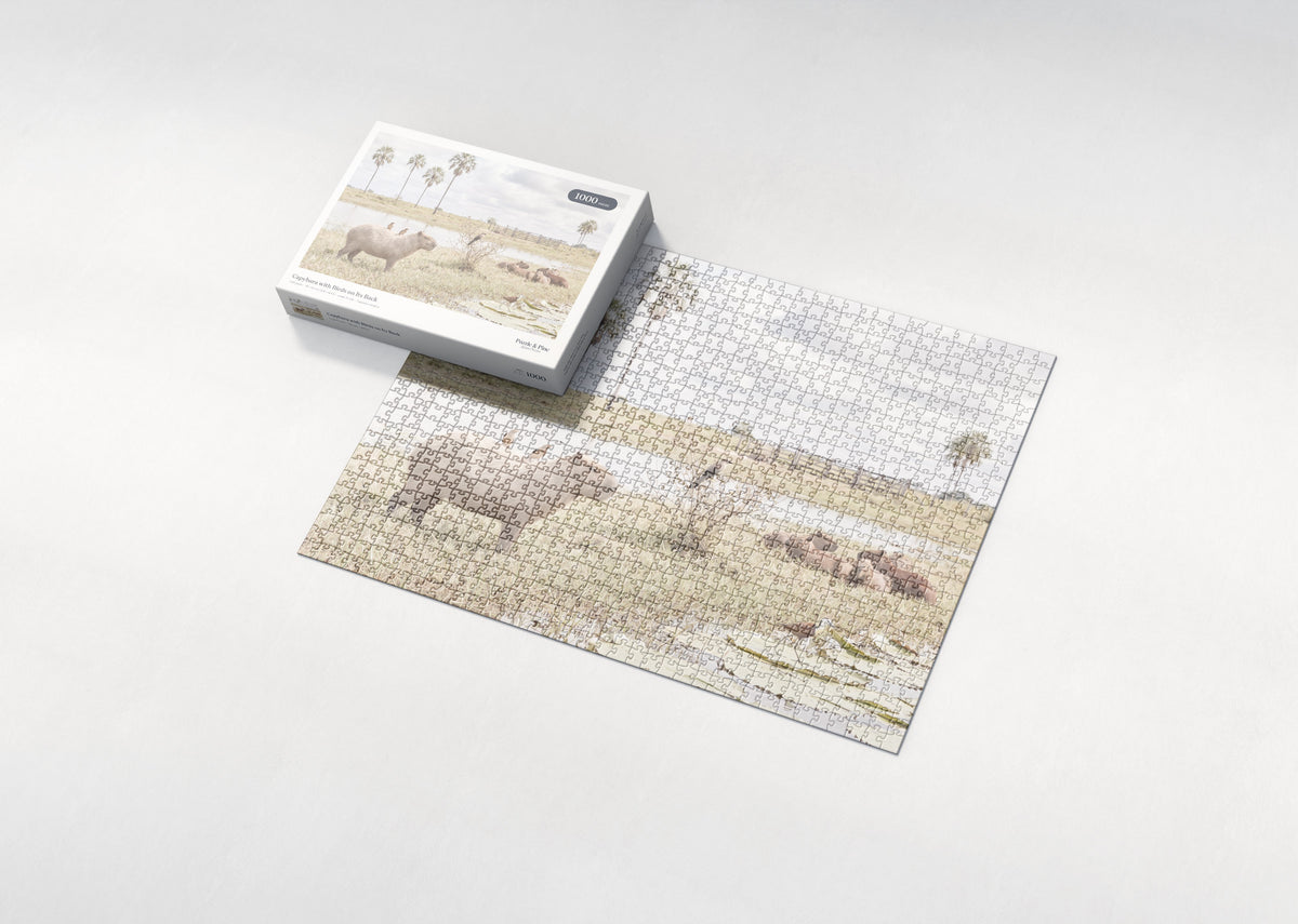 Capybara with Birds on Its Back jigsaw puzzle - box and puzzle