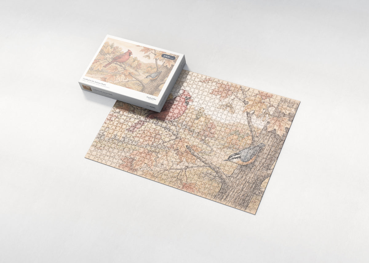 Cardinal in the Autumn Maple jigsaw puzzle - box and puzzle