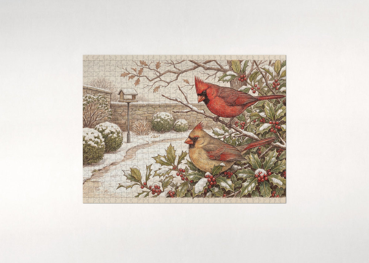 Cardinal Pair in the Holly Bush jigsaw puzzle - flat puzzle