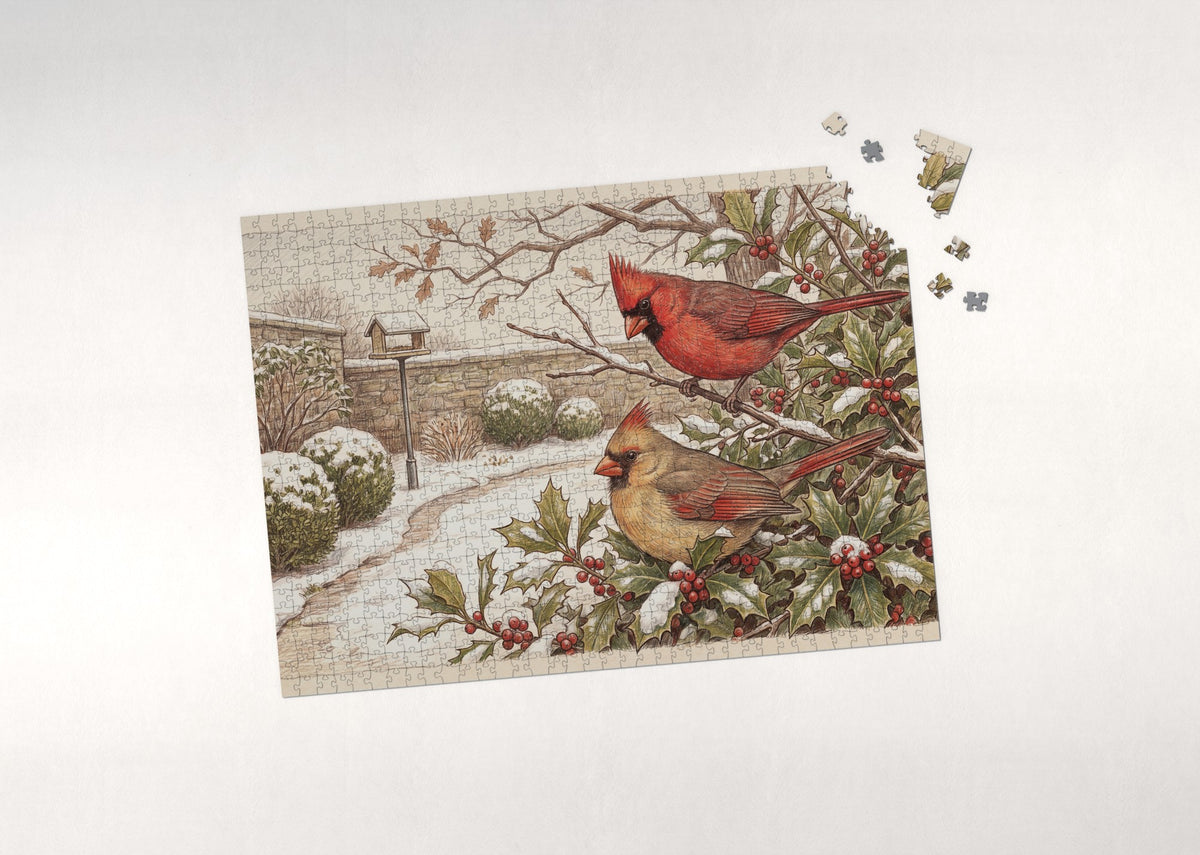 Cardinal Pair in the Holly Bush jigsaw puzzle - puzzle with loose pieces