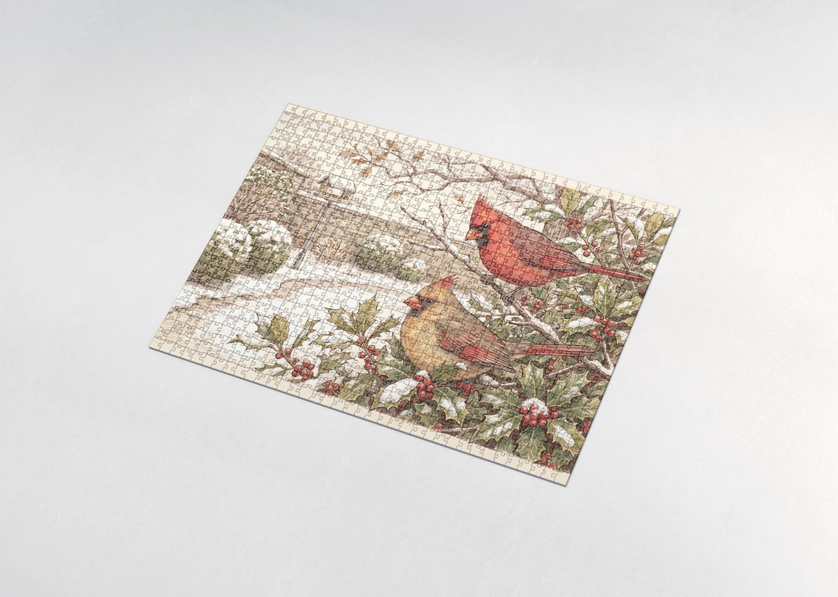 Cardinal Pair in the Holly Bush jigsaw puzzle - assembled puzzle