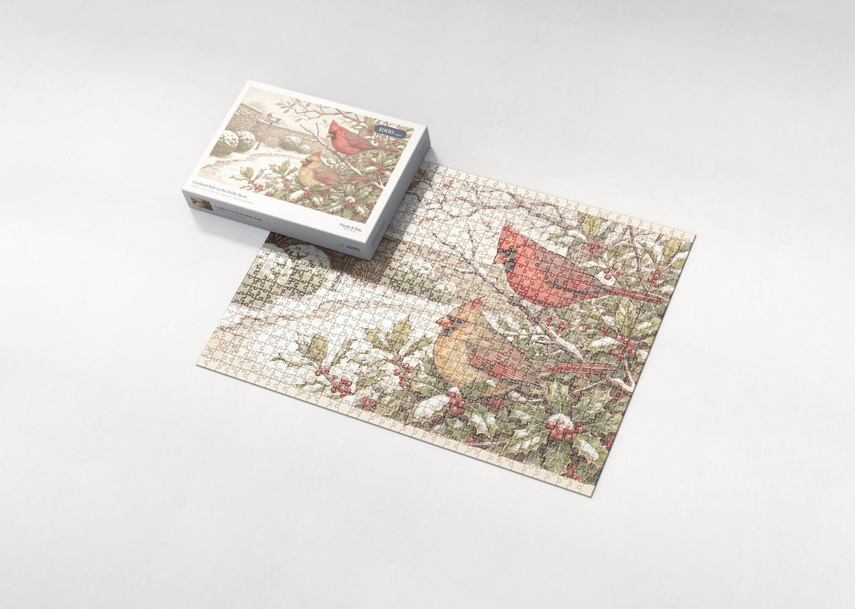 Cardinal Pair in the Holly Bush jigsaw puzzle - box and puzzle