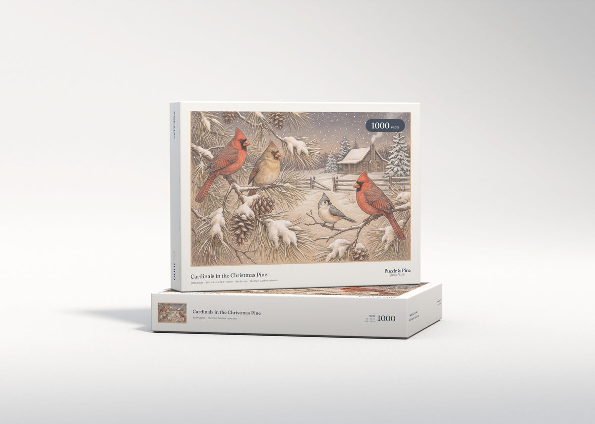 Cardinals in the Christmas Pine jigsaw puzzle - gift box