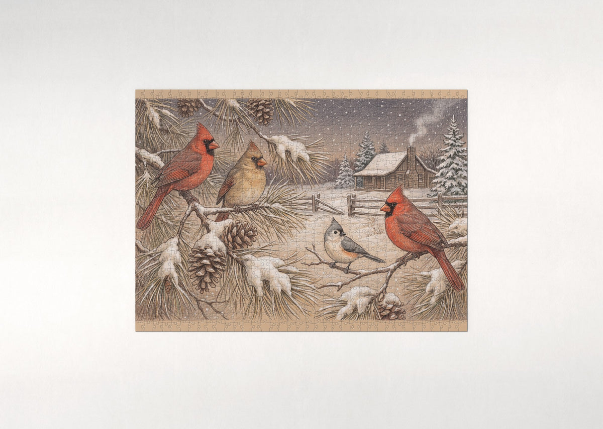 Cardinals in the Christmas Pine jigsaw puzzle - flat puzzle