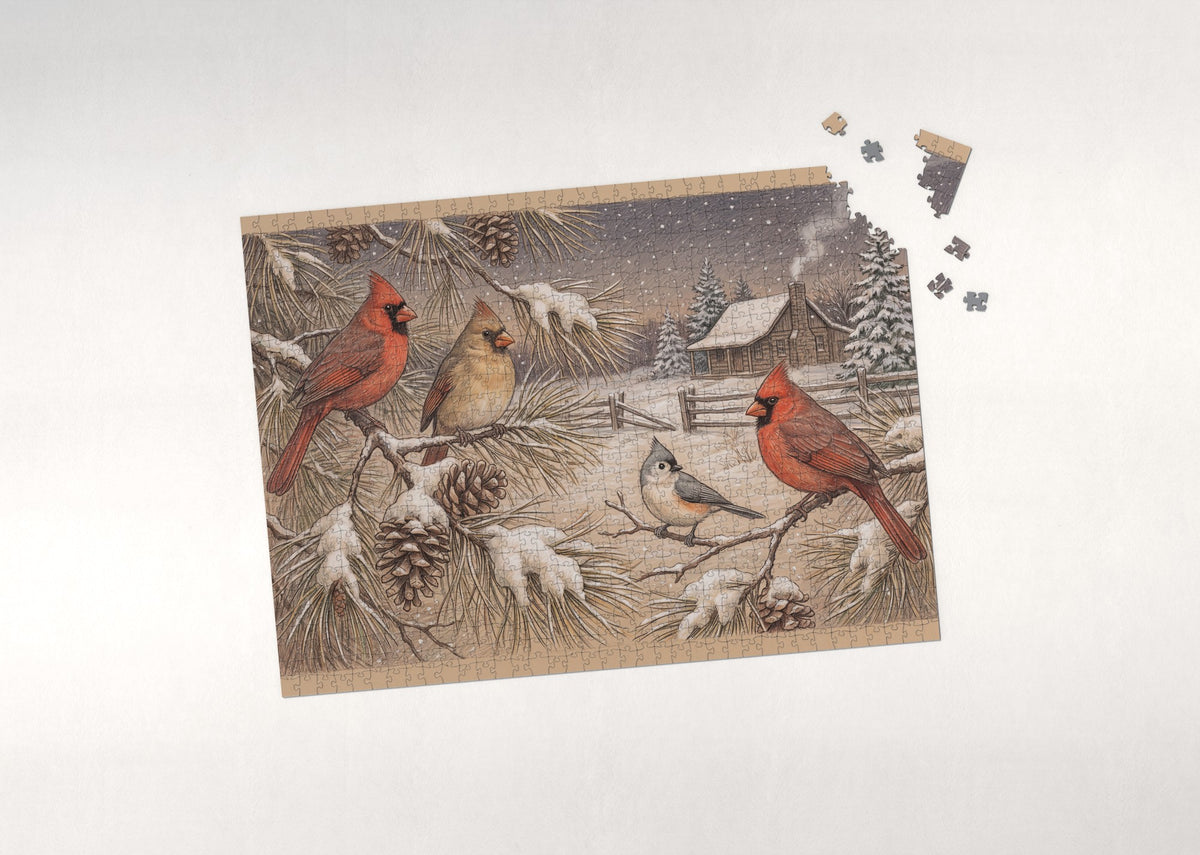 Cardinals in the Christmas Pine jigsaw puzzle - puzzle with loose pieces