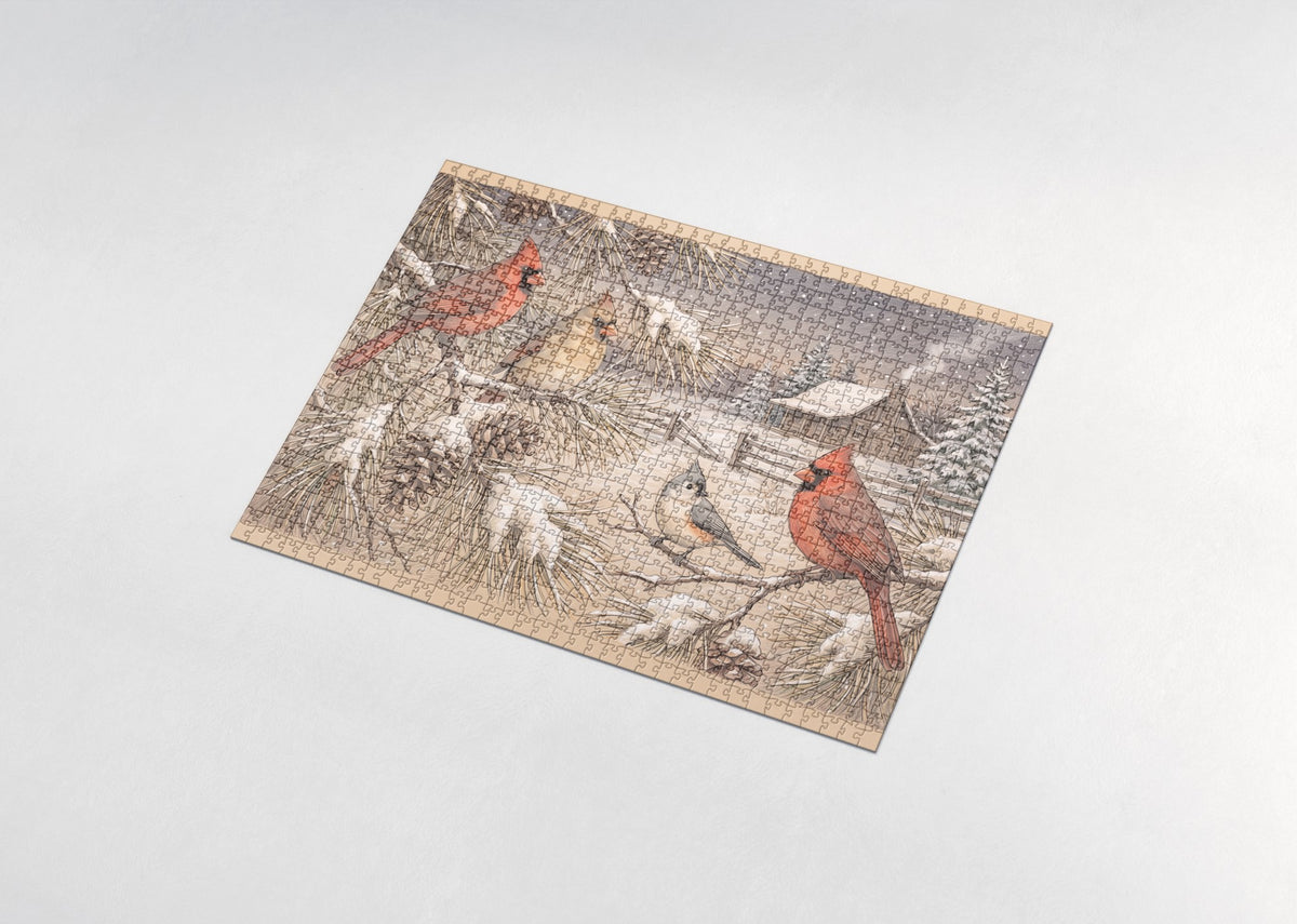 Cardinals in the Christmas Pine jigsaw puzzle - assembled puzzle
