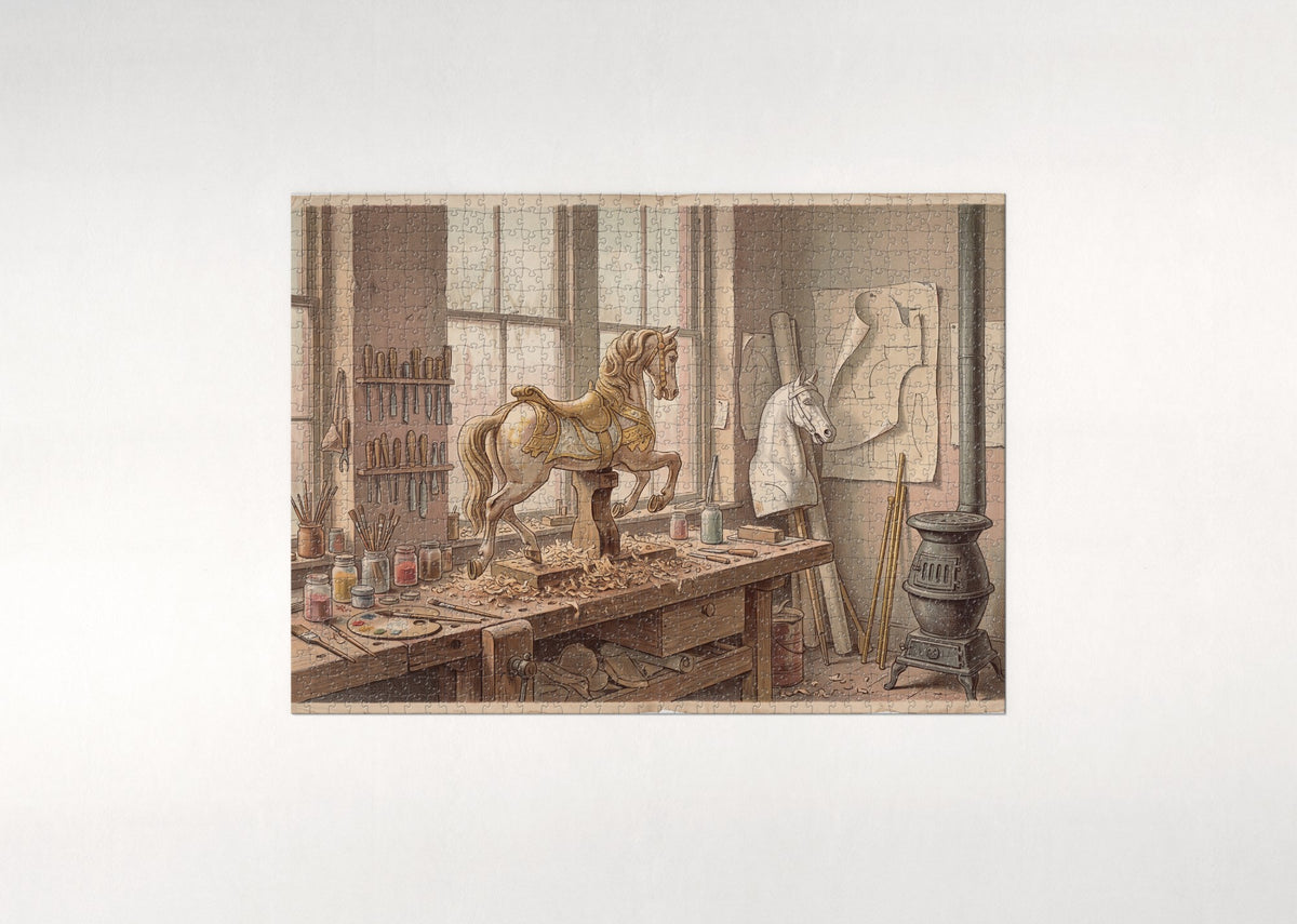Carousel Horse in the Painter's Workshop jigsaw puzzle - flat puzzle