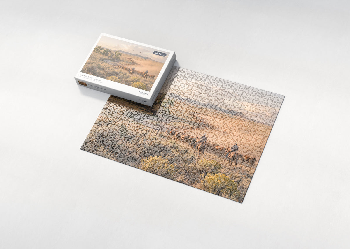 Cattle Drive Across the Prairie jigsaw puzzle - box and puzzle