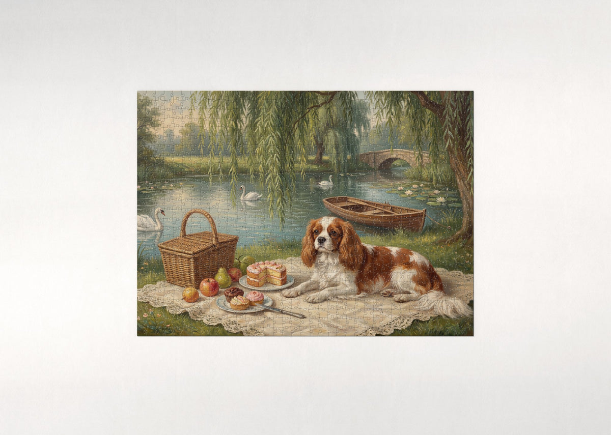 Cavalier at the Riverside Willow Picnic jigsaw puzzle - flat puzzle