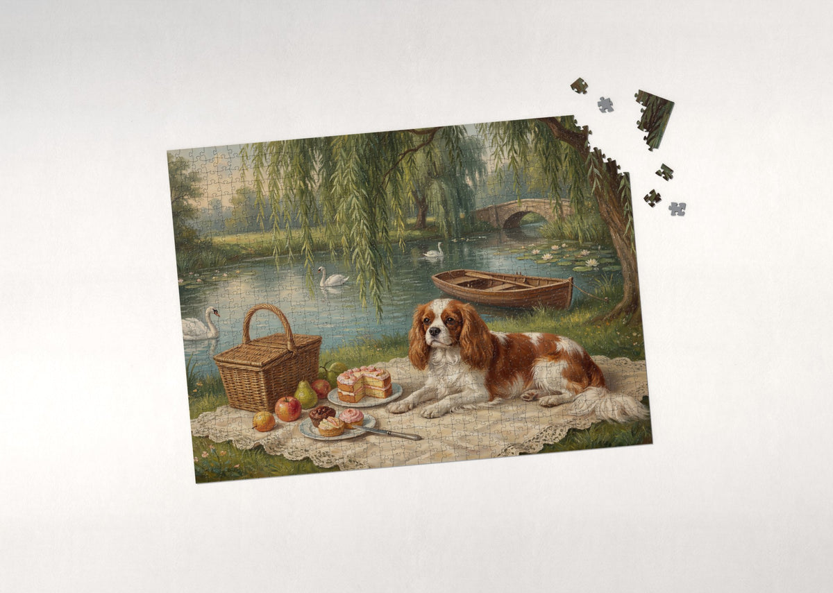 Cavalier at the Riverside Willow Picnic jigsaw puzzle - puzzle with loose pieces