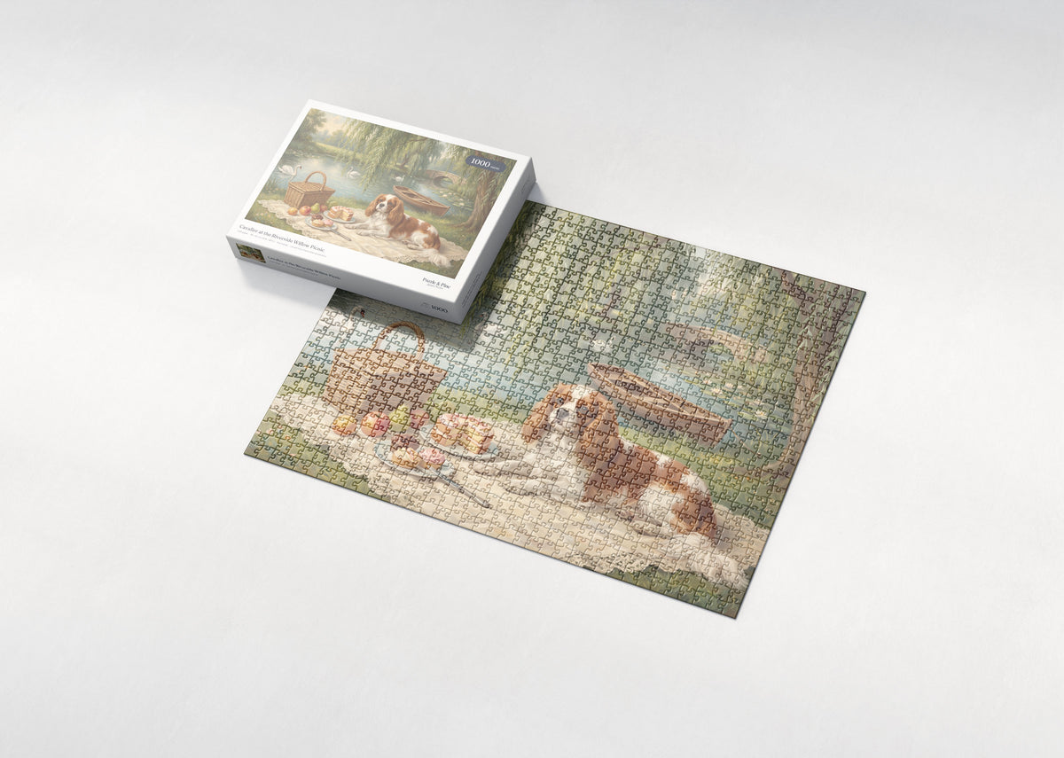 Cavalier at the Riverside Willow Picnic jigsaw puzzle - box and puzzle