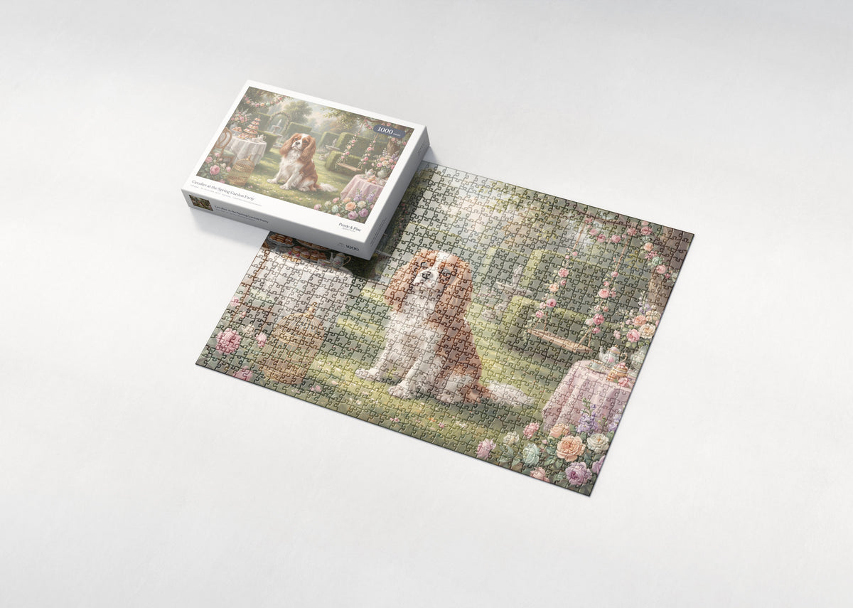 Cavalier at the Spring Garden Party jigsaw puzzle - box and puzzle