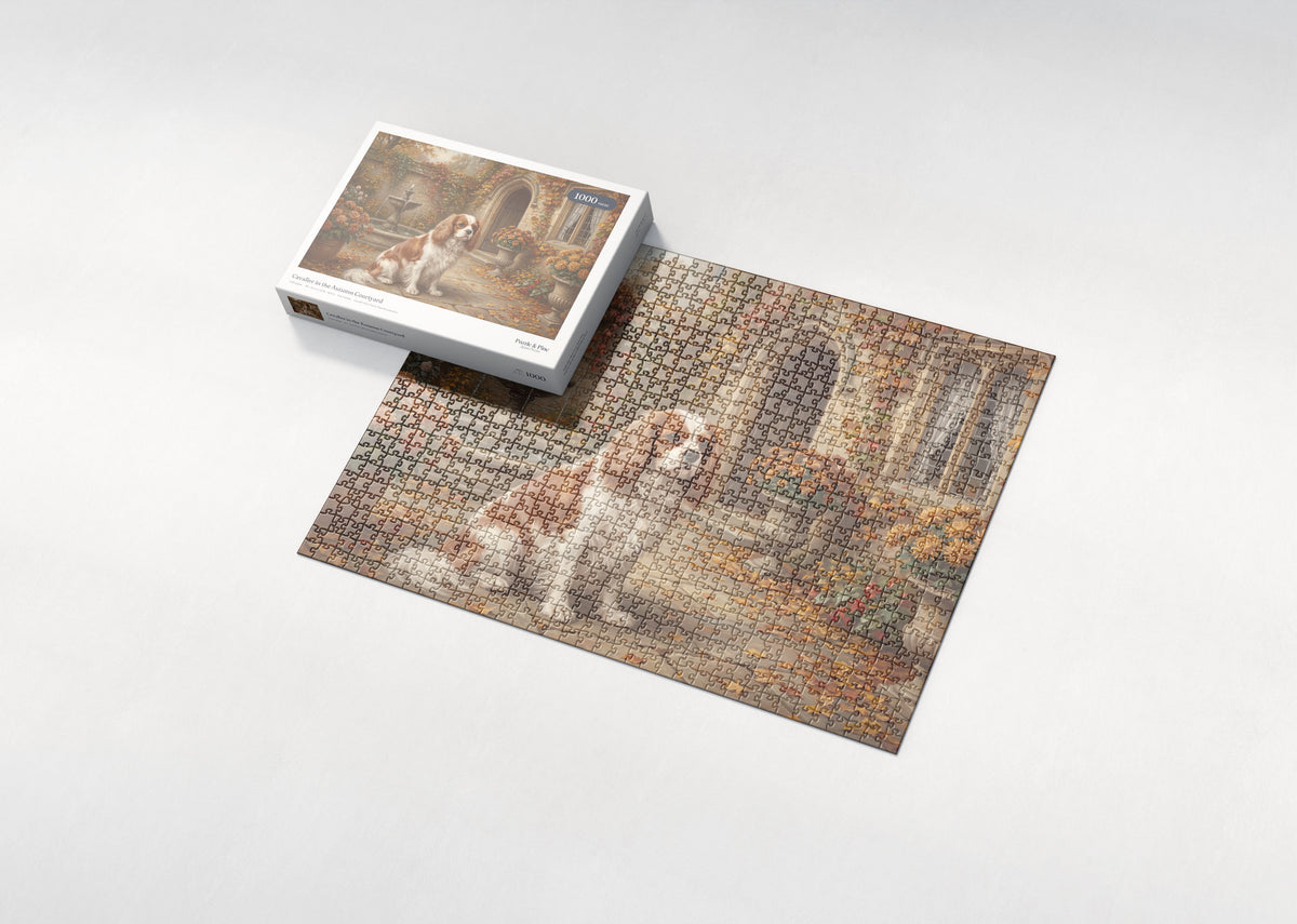 Cavalier in the Autumn Courtyard jigsaw puzzle - box and puzzle