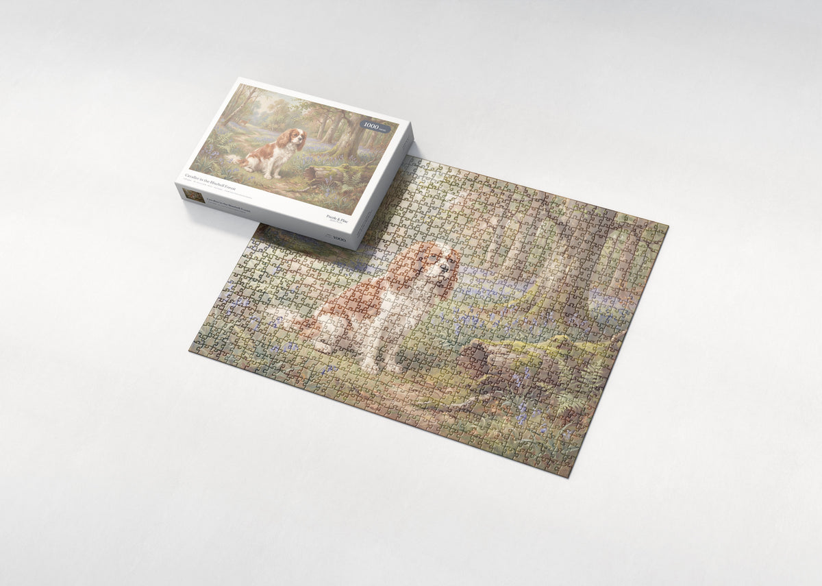 Cavalier in the Bluebell Forest jigsaw puzzle - box and puzzle