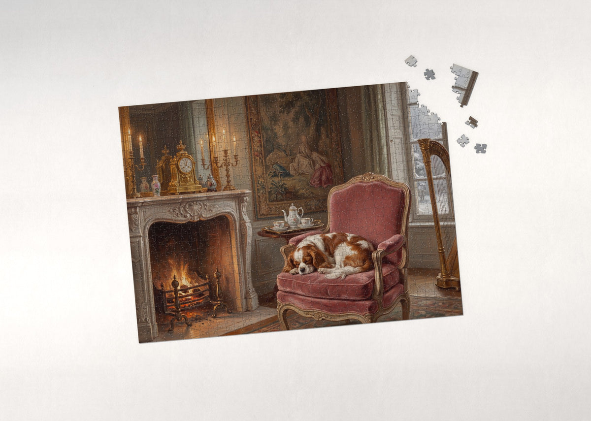 Cavalier in the Velvet Fireside Armchair jigsaw puzzle - puzzle with loose pieces