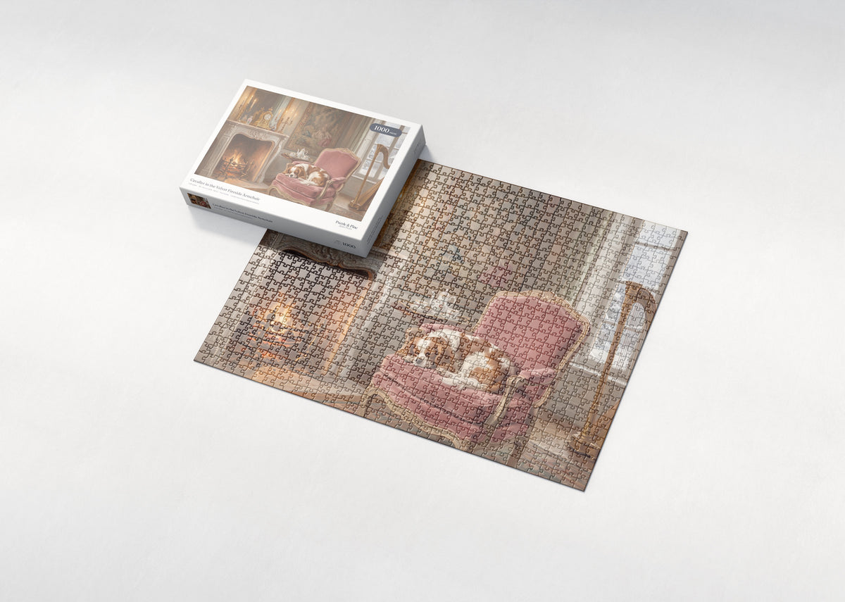 Cavalier in the Velvet Fireside Armchair jigsaw puzzle - box and puzzle