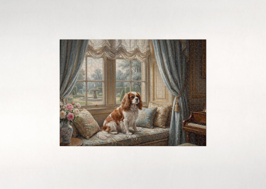 Cavalier on the Manor Window Seat jigsaw puzzle - gift box