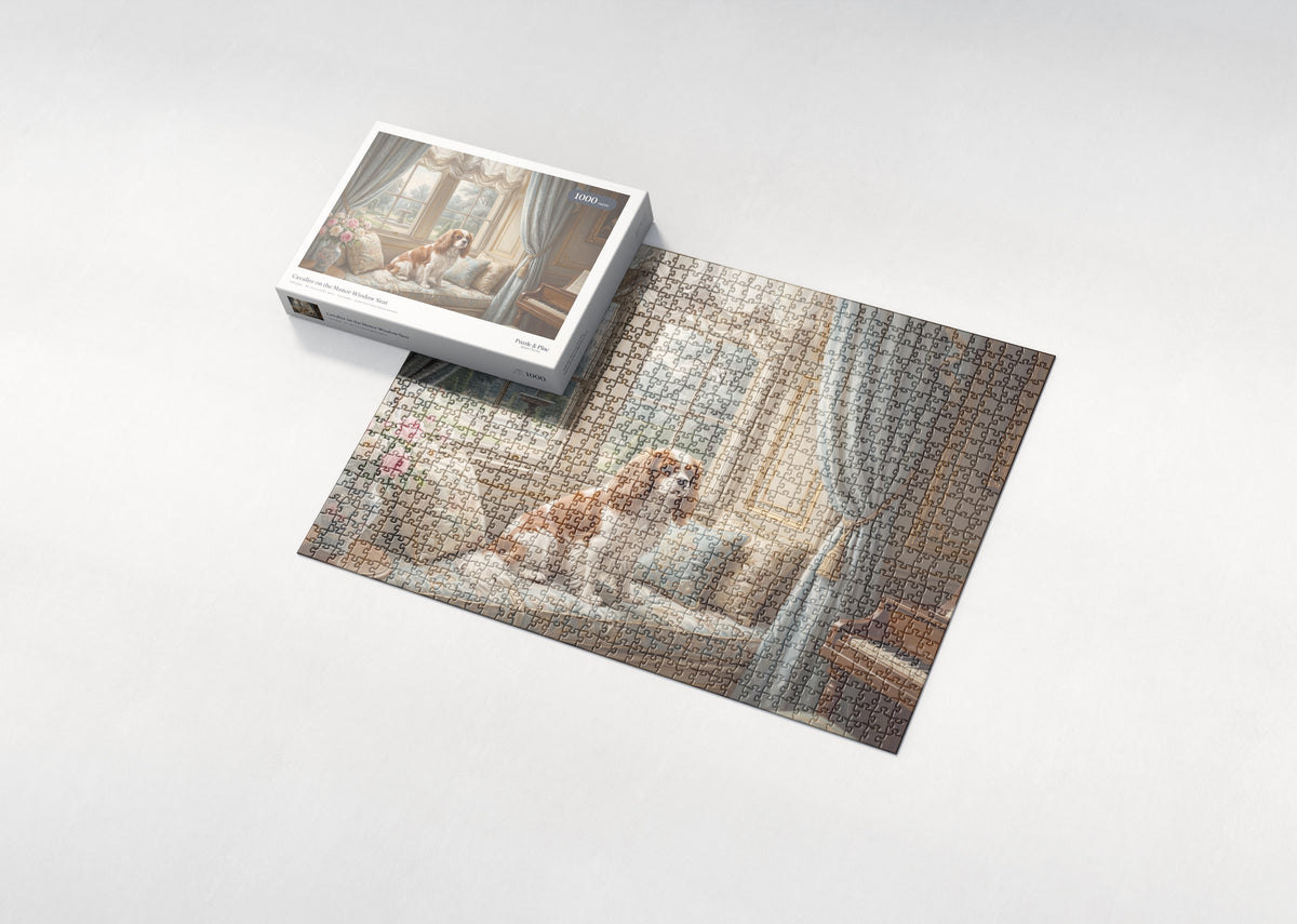 Cavalier on the Manor Window Seat jigsaw puzzle - box and puzzle