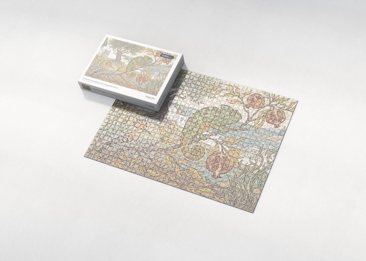 Chameleon Changing Colors Among the Leaves jigsaw puzzle - box and puzzle