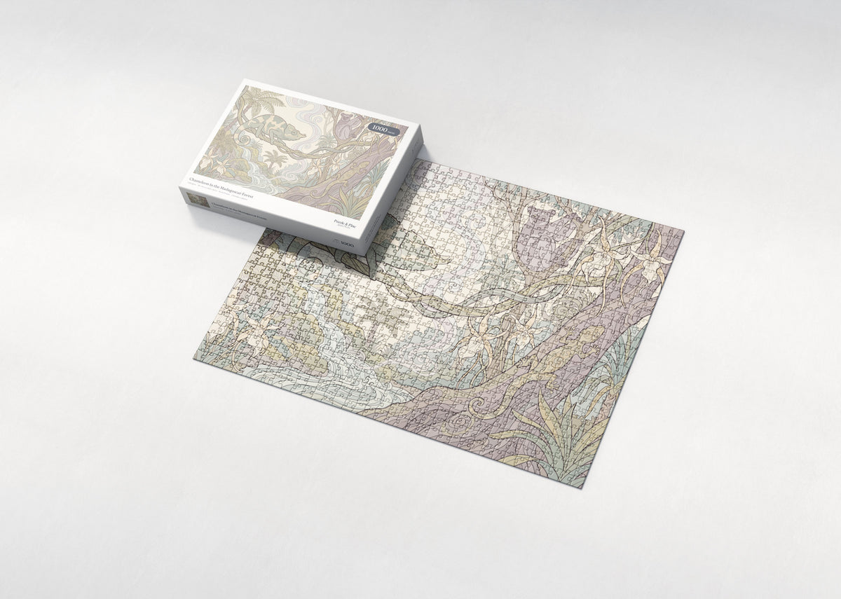 Chameleon in the Madagascar Forest jigsaw puzzle - box and puzzle