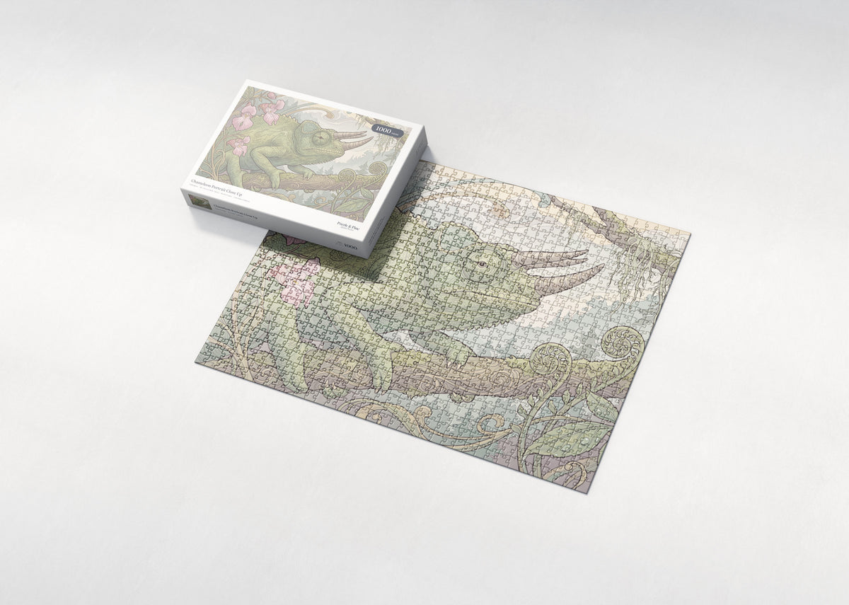 Chameleon Portrait Close Up jigsaw puzzle - box and puzzle