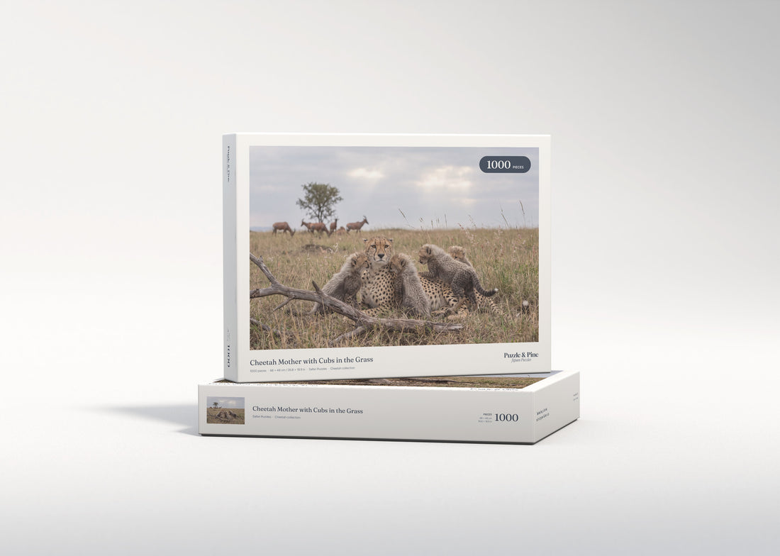 Cheetah Mother with Cubs in the Grass jigsaw puzzle - gift box