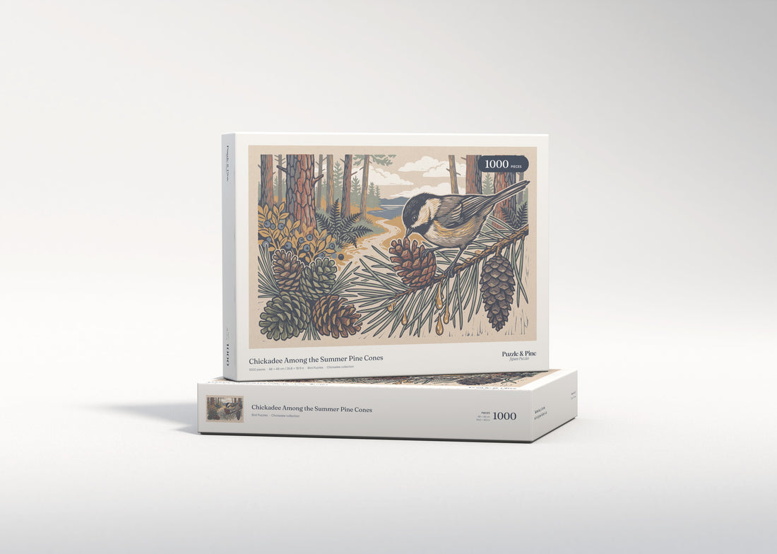 Chickadee Among the Summer Pine Cones jigsaw puzzle - gift box