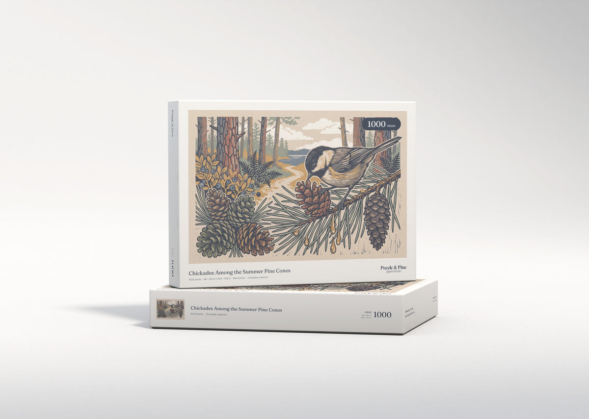 Chickadee Among the Summer Pine Cones jigsaw puzzle - gift box