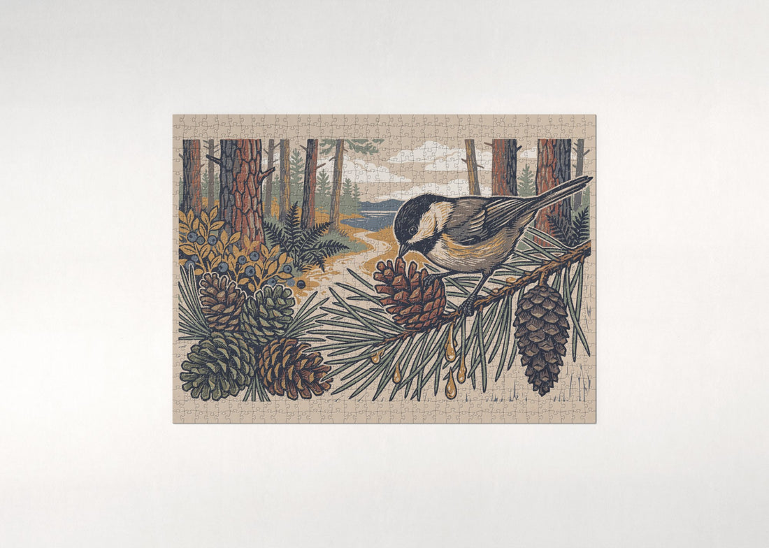 Chickadee Among the Summer Pine Cones jigsaw puzzle - gift box