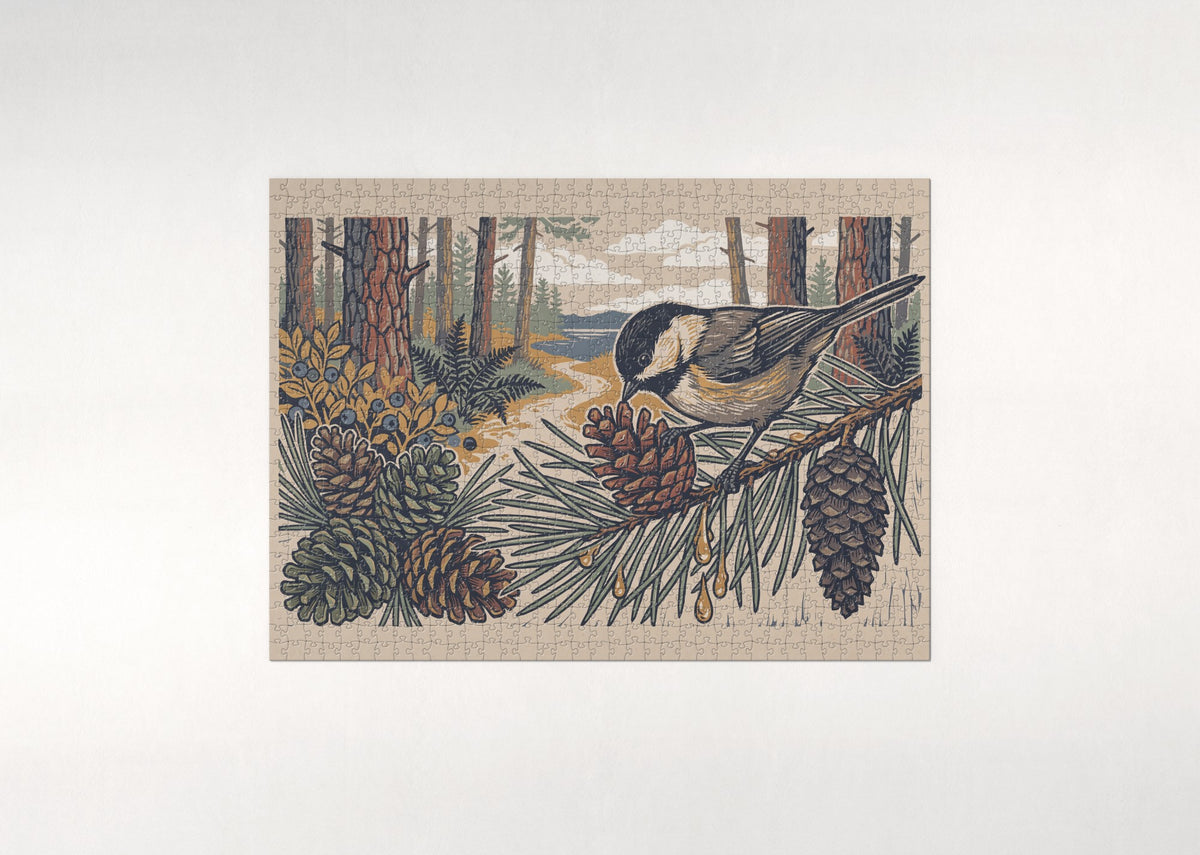 Chickadee Among the Summer Pine Cones jigsaw puzzle - flat puzzle