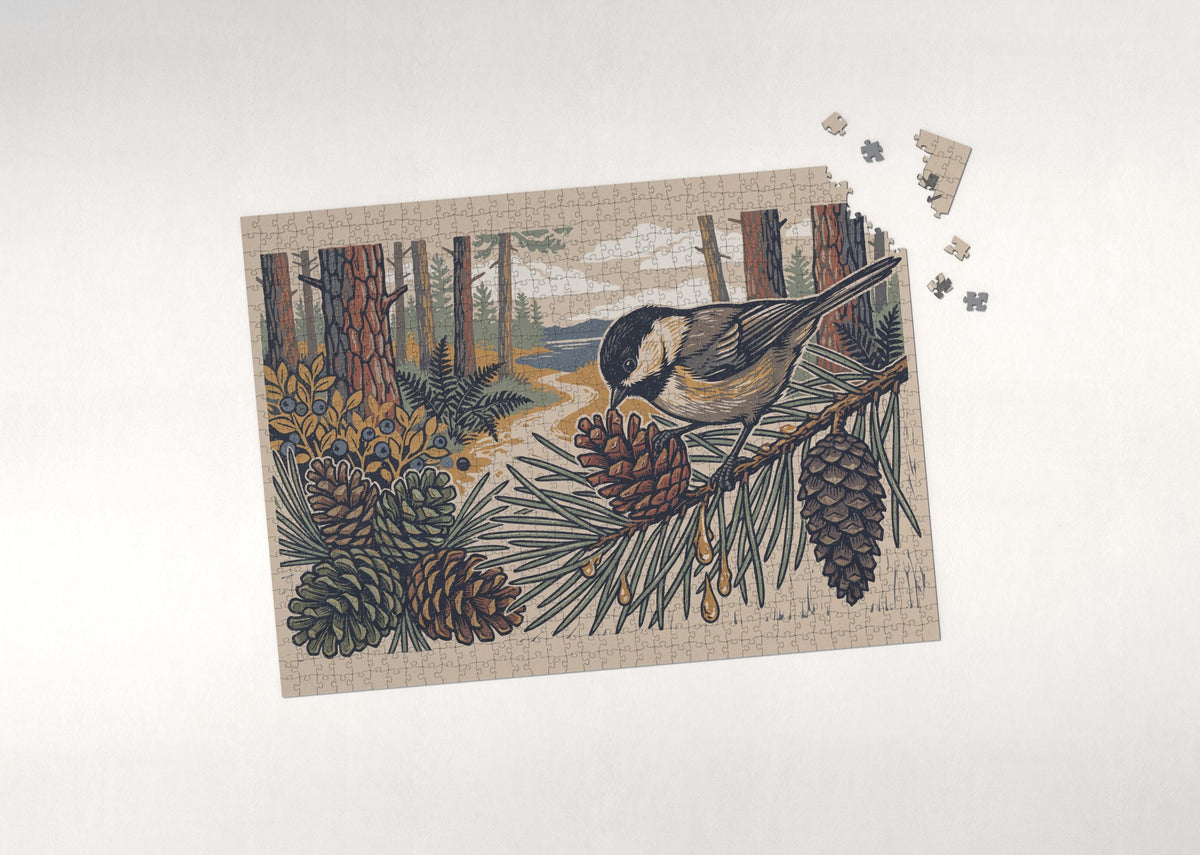 Chickadee Among the Summer Pine Cones jigsaw puzzle - puzzle with loose pieces