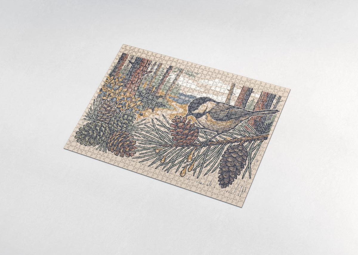 Chickadee Among the Summer Pine Cones jigsaw puzzle - assembled puzzle