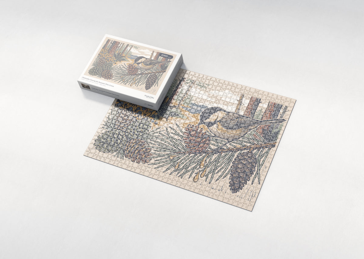 Chickadee Among the Summer Pine Cones jigsaw puzzle - box and puzzle