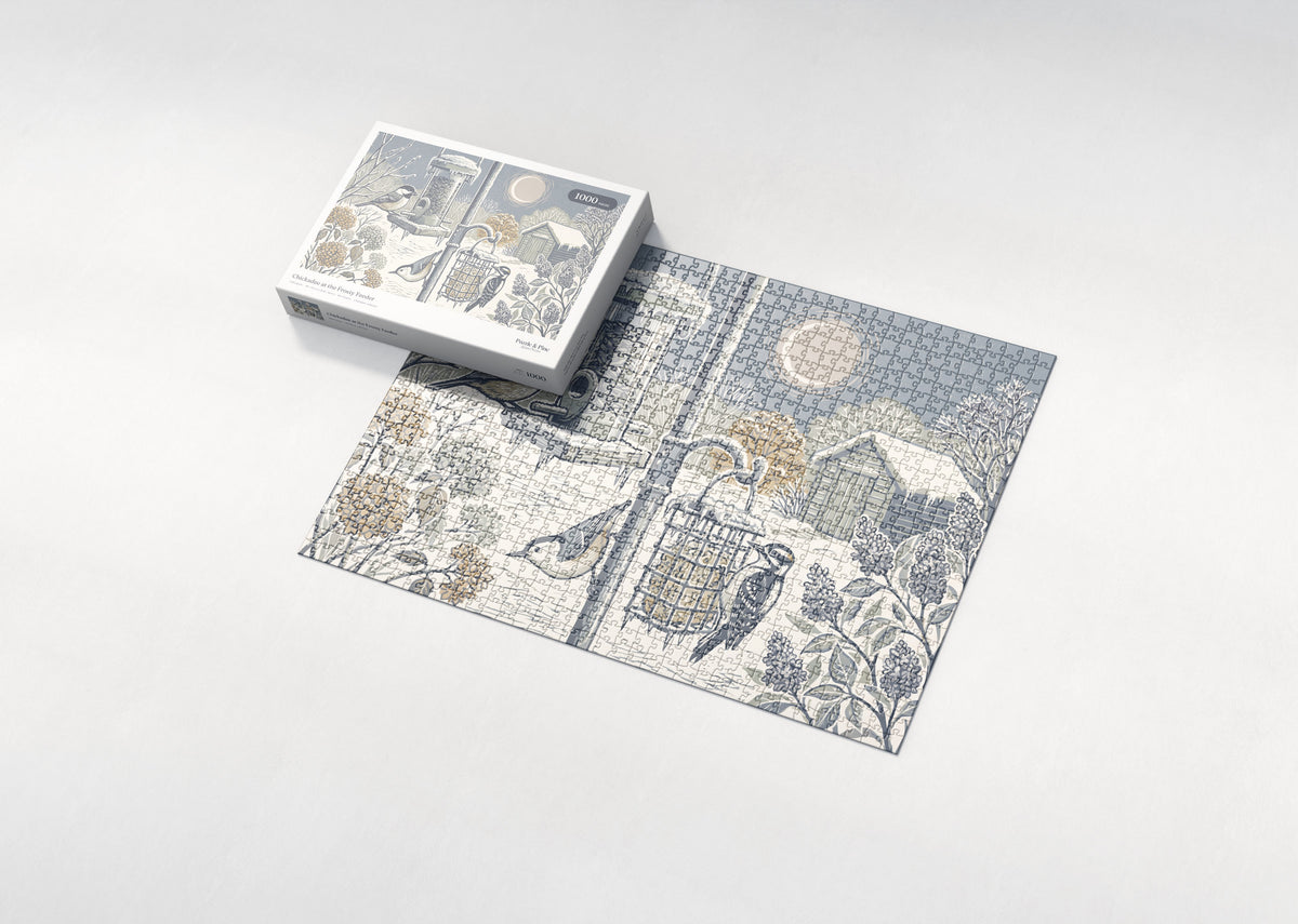 Chickadee at the Frosty Feeder jigsaw puzzle - box and puzzle