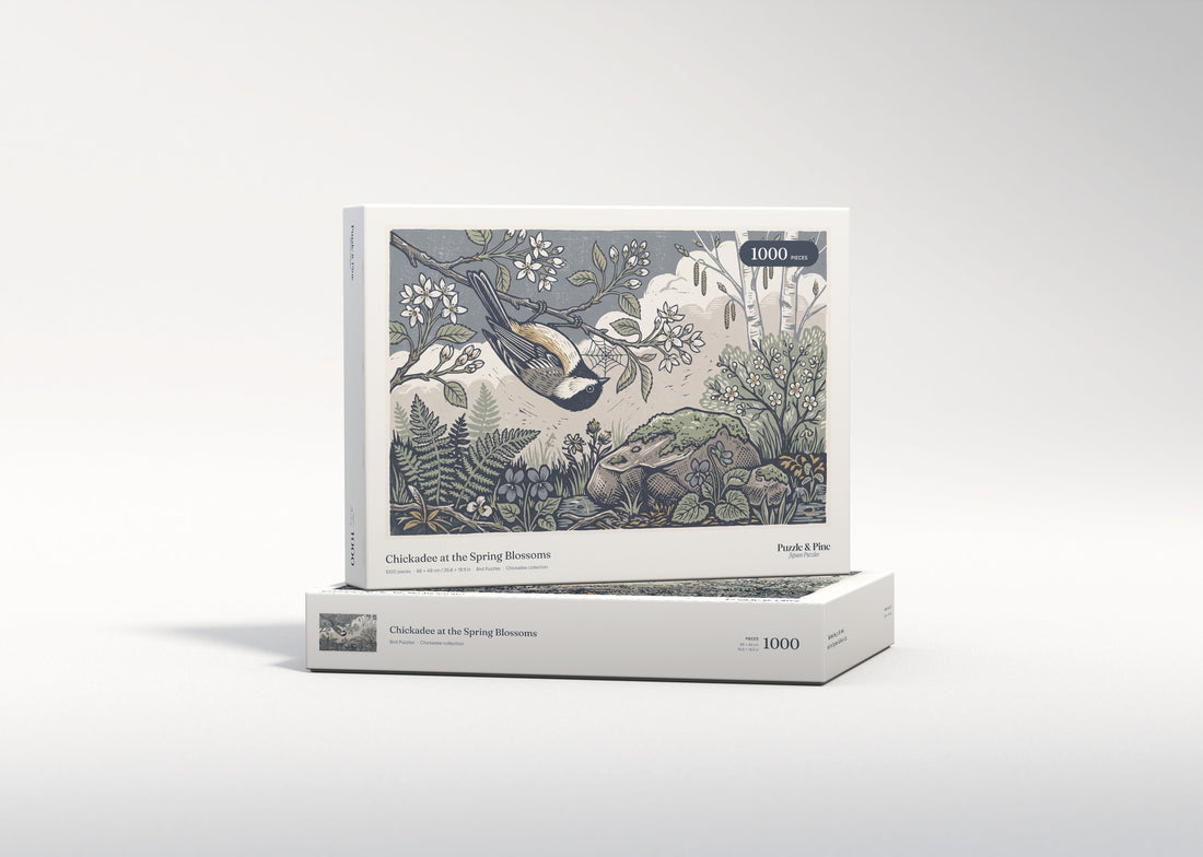 Chickadee at the Spring Blossoms jigsaw puzzle - gift box