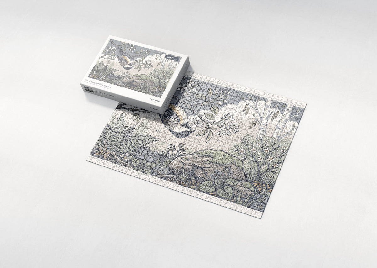 Chickadee at the Spring Blossoms jigsaw puzzle - box and puzzle