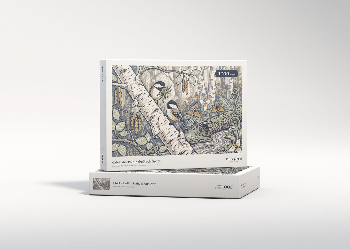 Chickadee Pair in the Birch Grove jigsaw puzzle - gift box