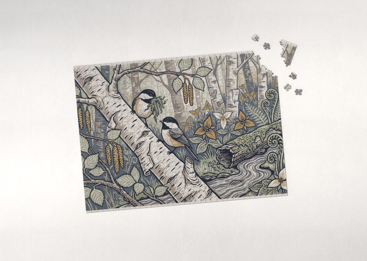 Chickadee Pair in the Birch Grove jigsaw puzzle - puzzle with loose pieces