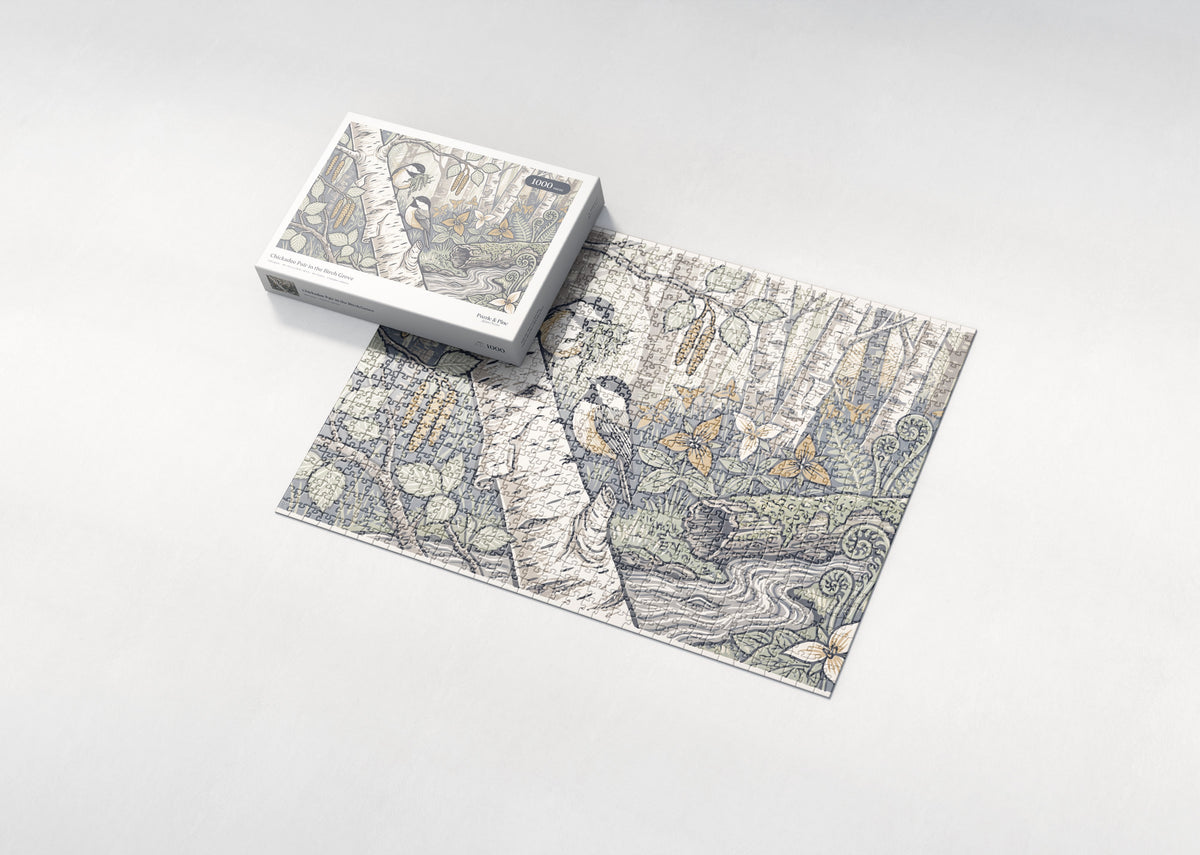 Chickadee Pair in the Birch Grove jigsaw puzzle - box and puzzle