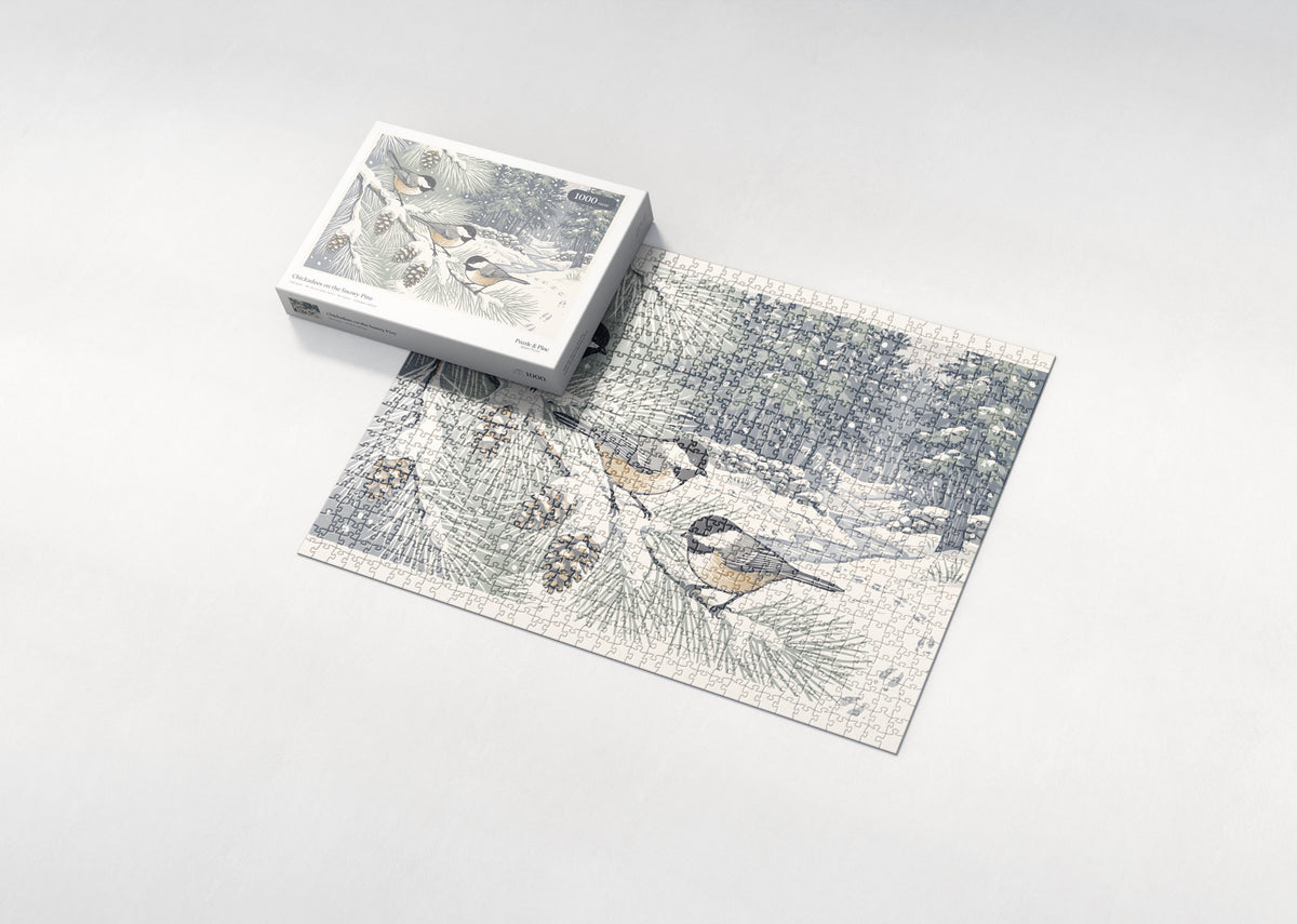 Chickadees on the Snowy Pine jigsaw puzzle - box and puzzle