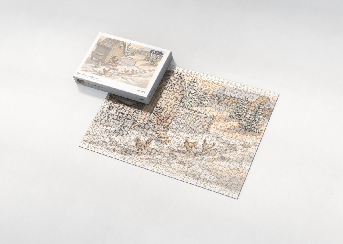 Chicken Coop at Golden Hour jigsaw puzzle - box and puzzle