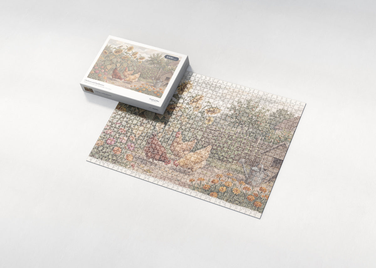 Chickens and Sunflowers jigsaw puzzle - box and puzzle