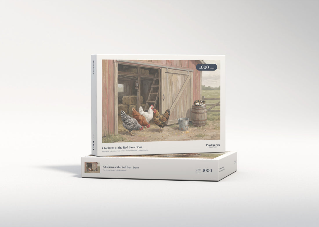 Chickens at the Red Barn Door jigsaw puzzle - gift box