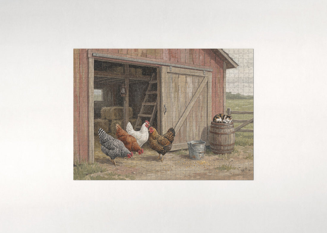 Chickens at the Red Barn Door jigsaw puzzle - gift box
