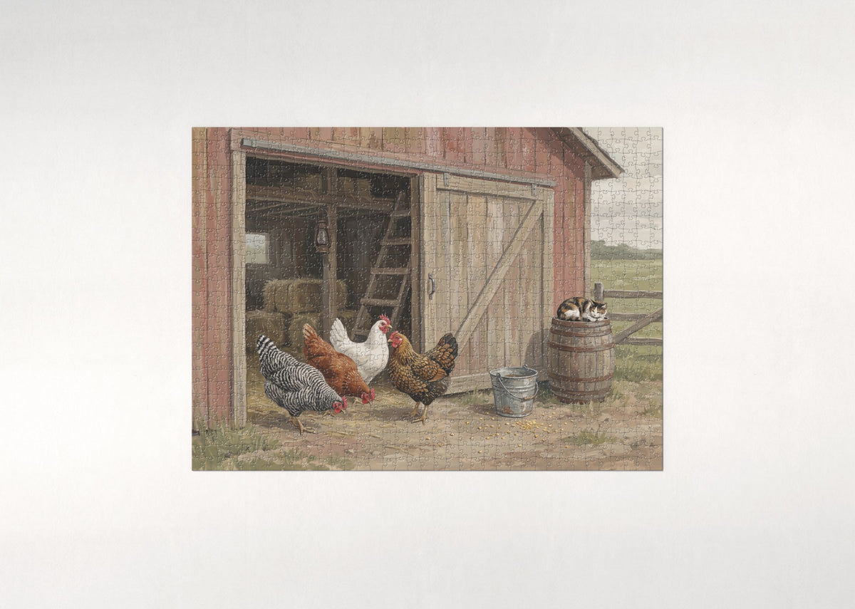 Chickens at the Red Barn Door jigsaw puzzle - flat puzzle