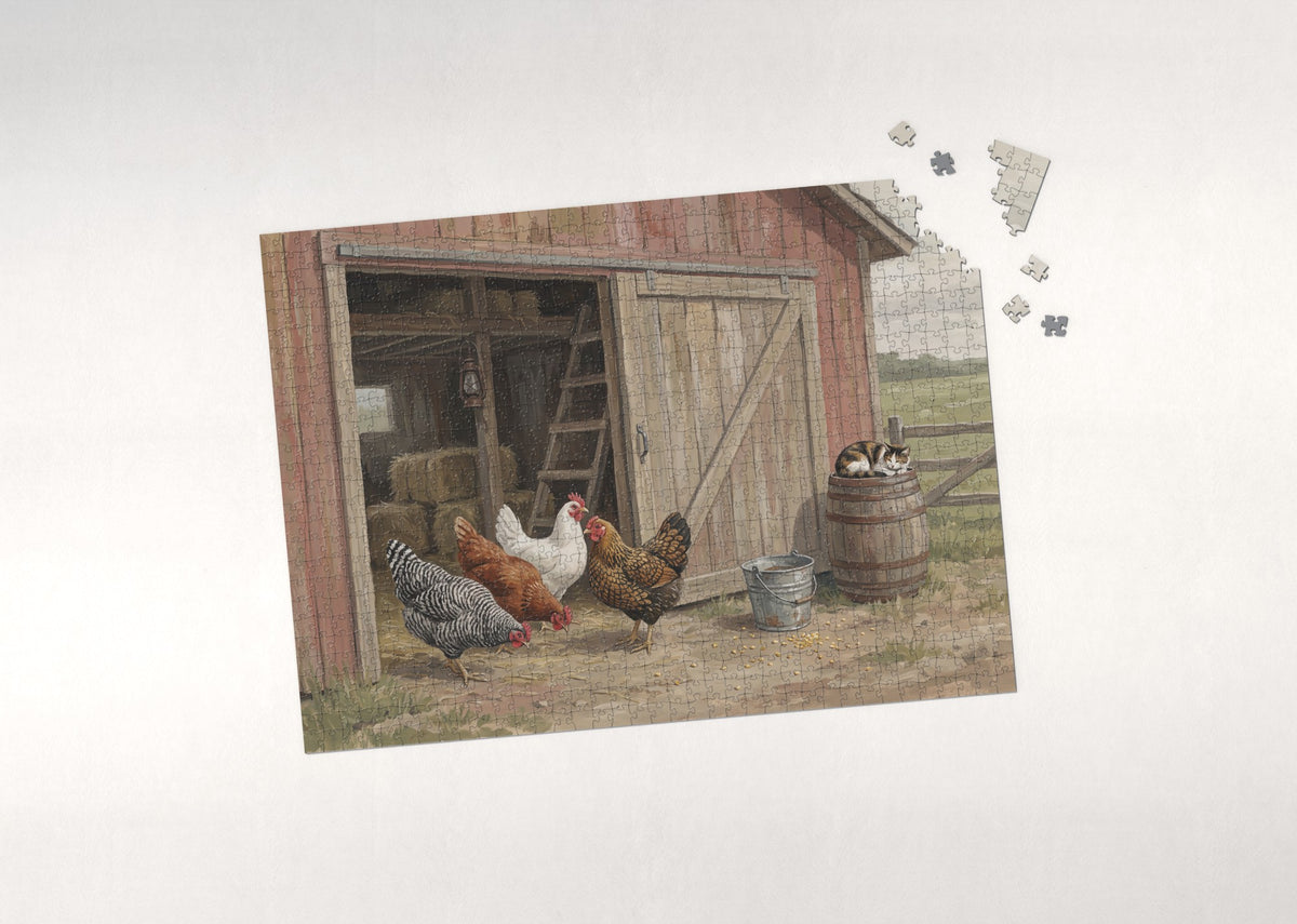 Chickens at the Red Barn Door jigsaw puzzle - puzzle with loose pieces