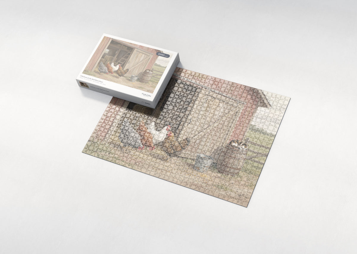 Chickens at the Red Barn Door jigsaw puzzle - box and puzzle
