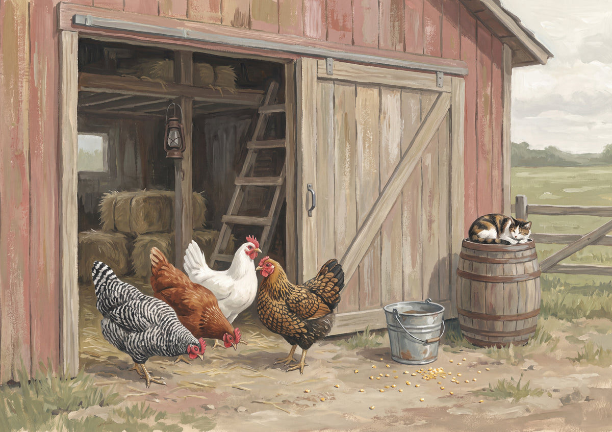 Chickens at the Red Barn Door jigsaw puzzle